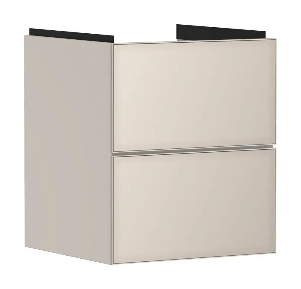 Waschtischunterschrank von Hansgrohe in Sandbeige mit zwei Schubkästen, geeignet für die Montage unter einem Handwaschbecken.